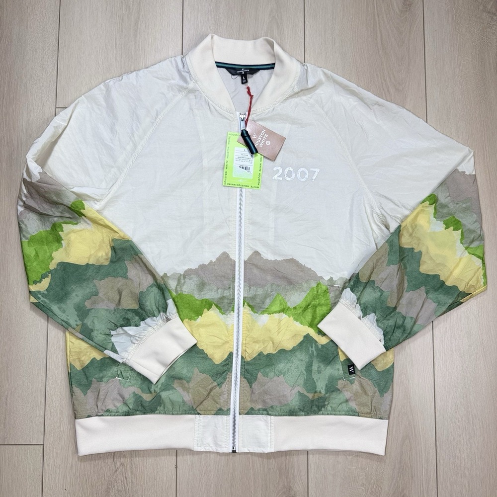 Houston White Target Mountain Print Nylon Zip Jacket Men's L 2007 Cream Green‎